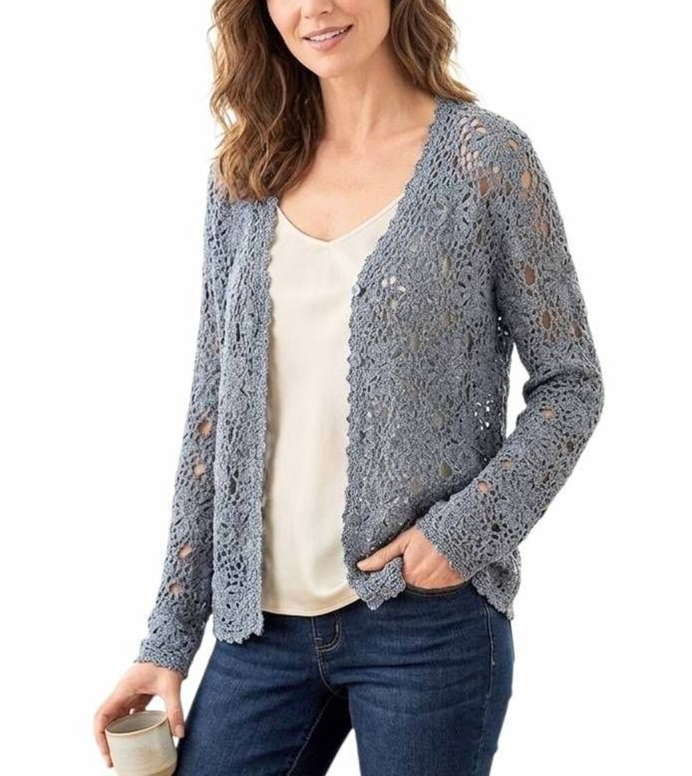 Coldwater Creek Dusty Blue crochet chenille open knit cardigan womens M